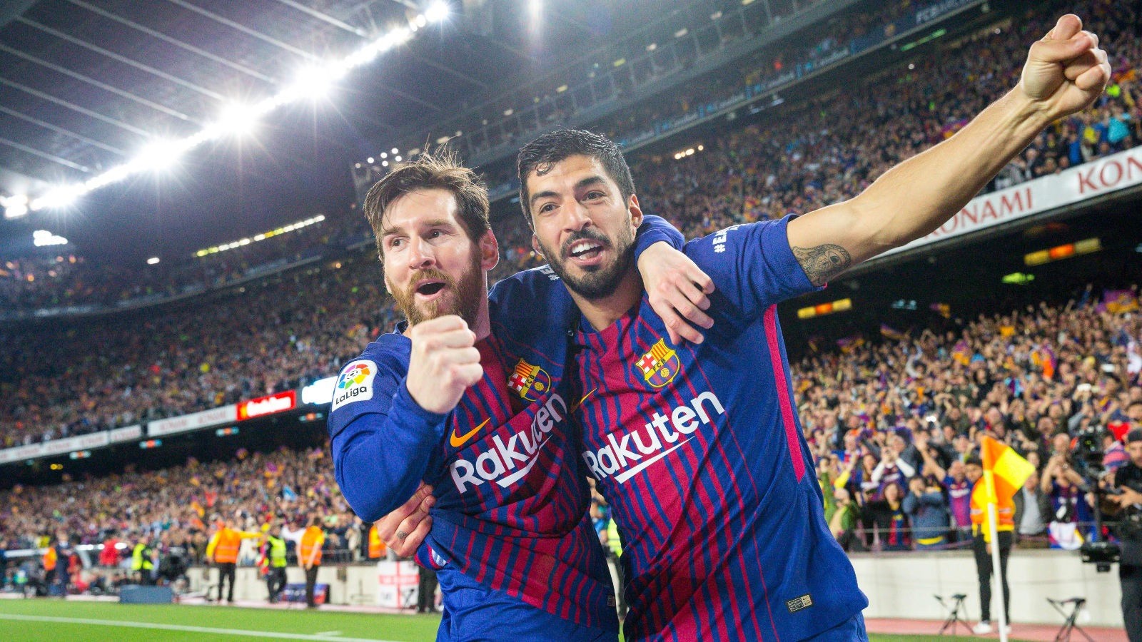 SPAIN - 6th of May: FC Barcelona forward Lionel Messi (10) celebrates scoring the goal with FC Barcelona forward Luis Suarez (9) during the match between FC Barcelona against Real Madrid for the round 36 of the Liga Santander, played at Camp Nou Stadium on 6th May 2018 in Barcelona, Spain.