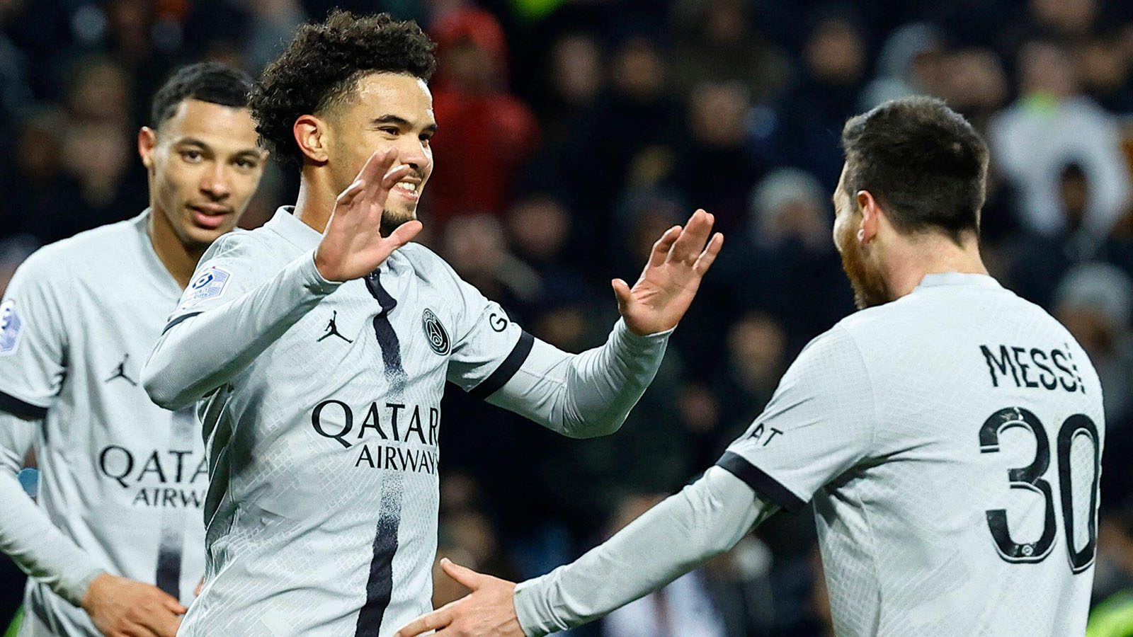 Montpellier v Paris St Germain - Stade de la Mosson, Montpellier, France - February 1, 2023 Paris St Germain's Warren Zaire-Emery celebrates scoring their third goal with Lionel Messi