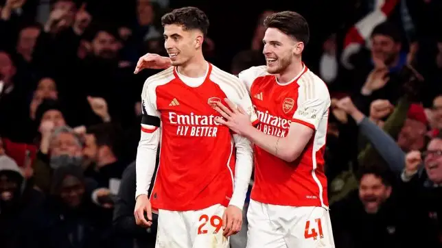 Kai Havertz and Declan Rice celebrate thumping Chelsea 5-0 in 2024.