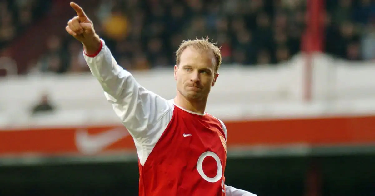 Dennis Bergkamp celebrates after scoring for Arsenal in a Premier League game. Highbury Stadium, London, April 2004.