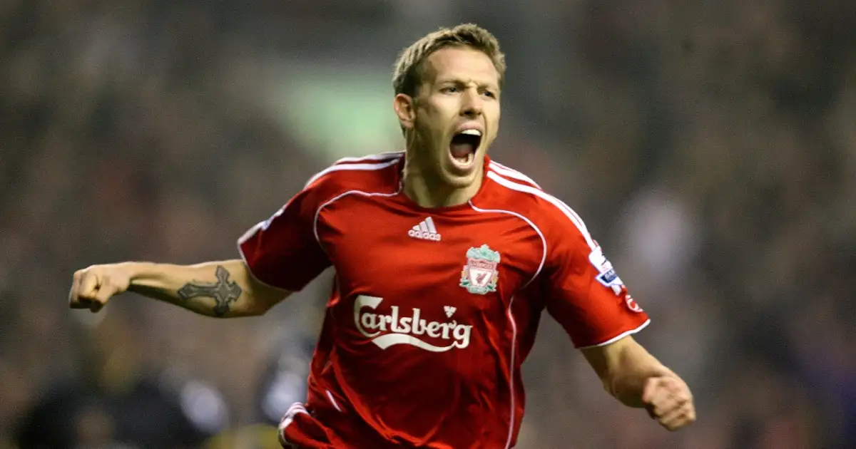 Craig Bellamy celebrates scoring for Liverpool.