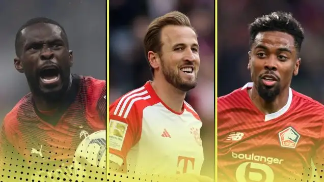 Brits Abroad in Europe's major leagues in the 2023-24 season England Scotland Wales Northern Ireland featuring (L-R) Fikayo Tomori, Harry Kane, Angel Gomes at AC Milan, Bayern Munich, Lille