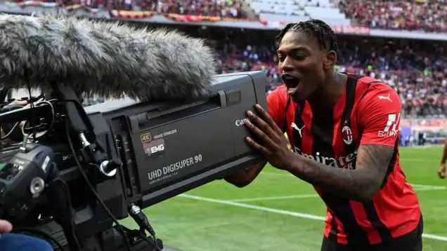 MILAN, May 2, 2022 (Xinhua) -- AC Milan's Rafael Leao celebrates his goal during a Serie A football match between AC Milan and Fiorentina in Milan, Italy, on May 1, 2022