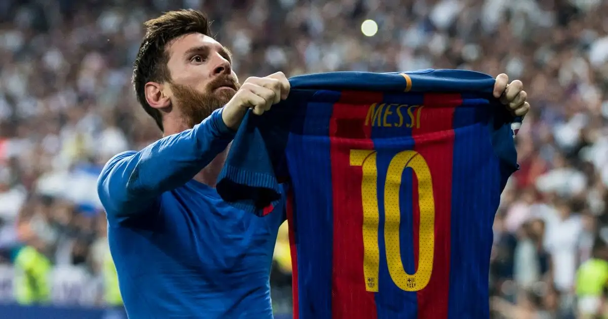 Lionel Messi of Barcelona hold his shirt up to the Real Madrid fans. April 2017.