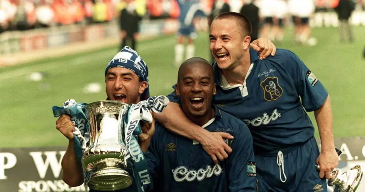 Chelsea's Roberto di Matteo, Eddie Newton and Dennis Wise celebrate after beating Middlesbrough at Wembley Stadium, London, May 1997.