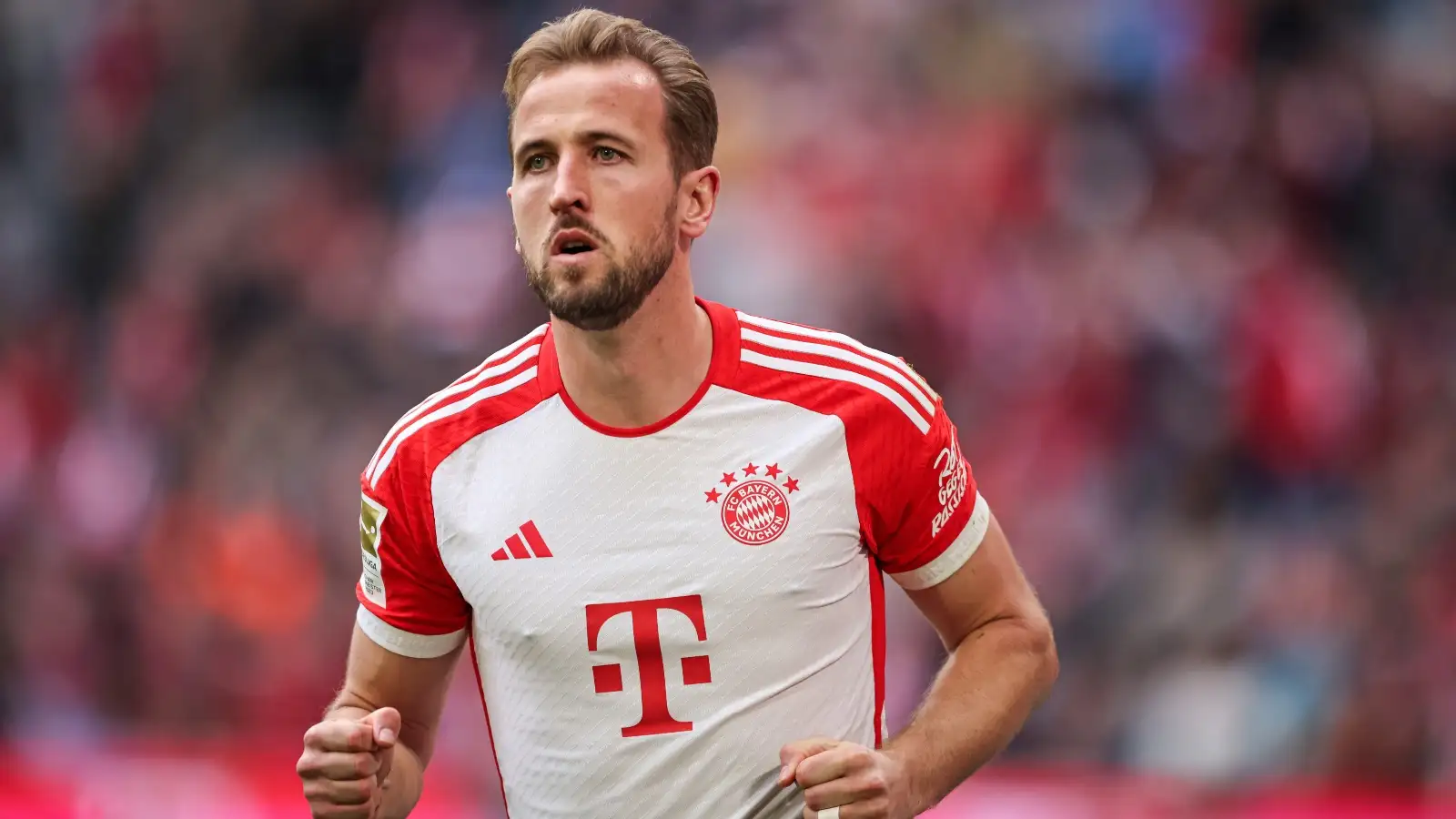 Harry Kane of Bayern Muenchen celebrates as he scores the goal 1:0 during the Bundesliga match between FC Bayern MŸnchen and SV Darmstadt 98 at Allianz Arena on October 28, 2023 in Munich, Germany.