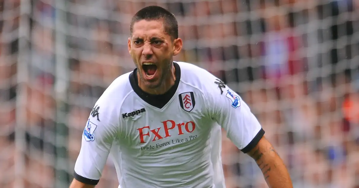 Fulham's Clint Dempsey celebrates his goal during their Premier League draw against West Ham United at Upton Park, London, October 2010.