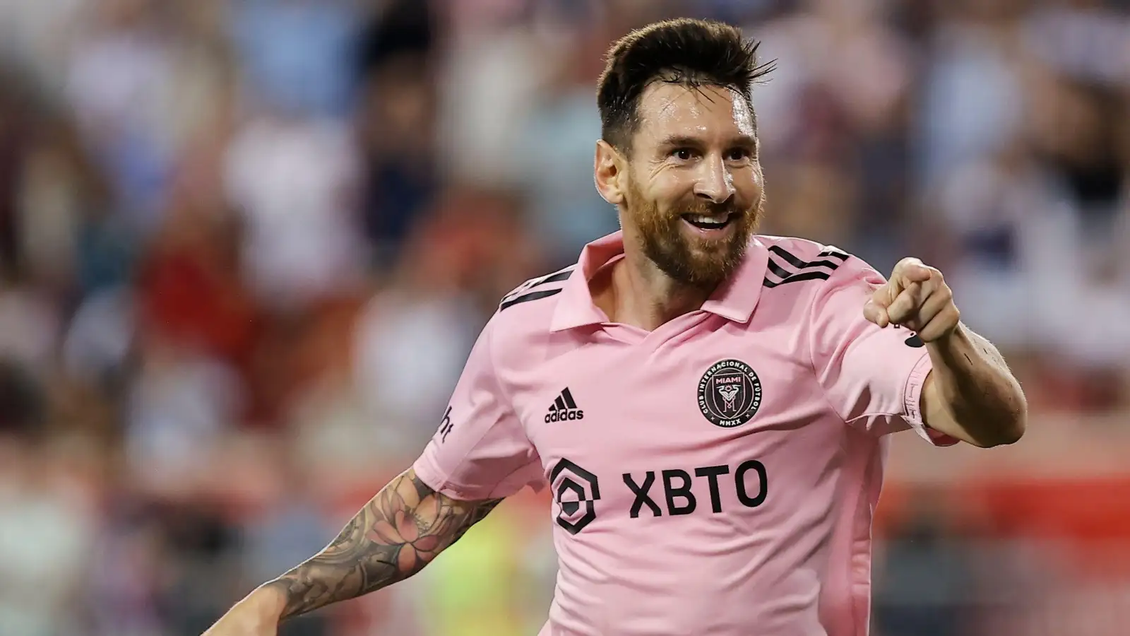 Inter Miami forward Lionel Messi celebrates after his goal against the New York Red Bulls during an MLS soccer match at Red Bull Arena, Saturday, Aug. 26, 2023, in Harrison, N.J.