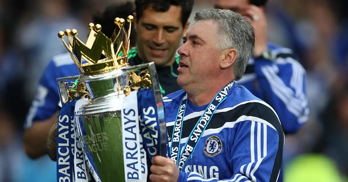 Chelsea manager Carlo Ancelotti with the Premier League trophy, Stamford Bridge, London, 09 May 2010