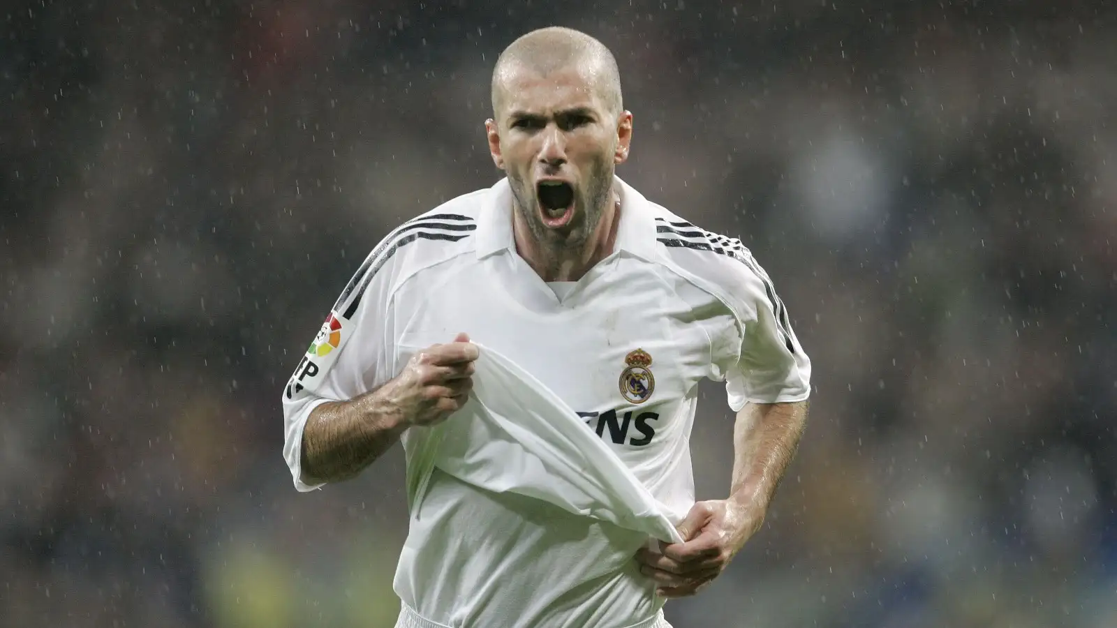 Real Madrid's French player Zinedine Zidane celebrates after scoring a hat-trick against Sevilla during their Spanish league soccer match at the Santiago Bernabeu Stadium in Madrid, Spain, Sunday, Jan. 15, 2006.