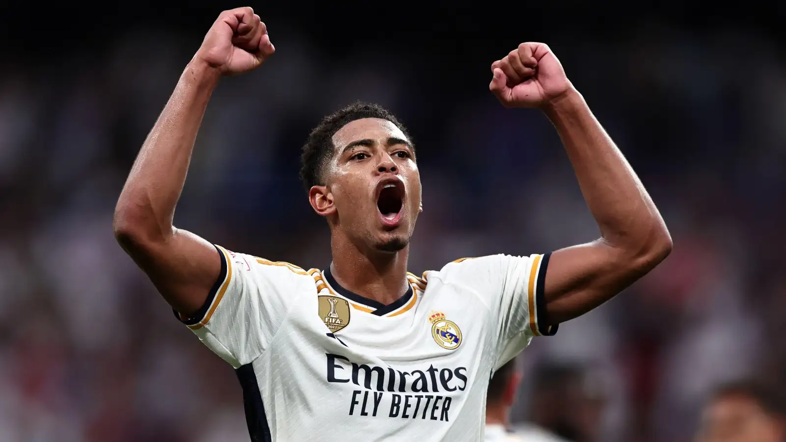 Jude Bellingham of Real Madrid Cf celebrates after scoring a goal during the La Liga match beetween Real Madrid Cf and Getafe Fc at Santiago Bernabeu Stadium on September 3, 2023.