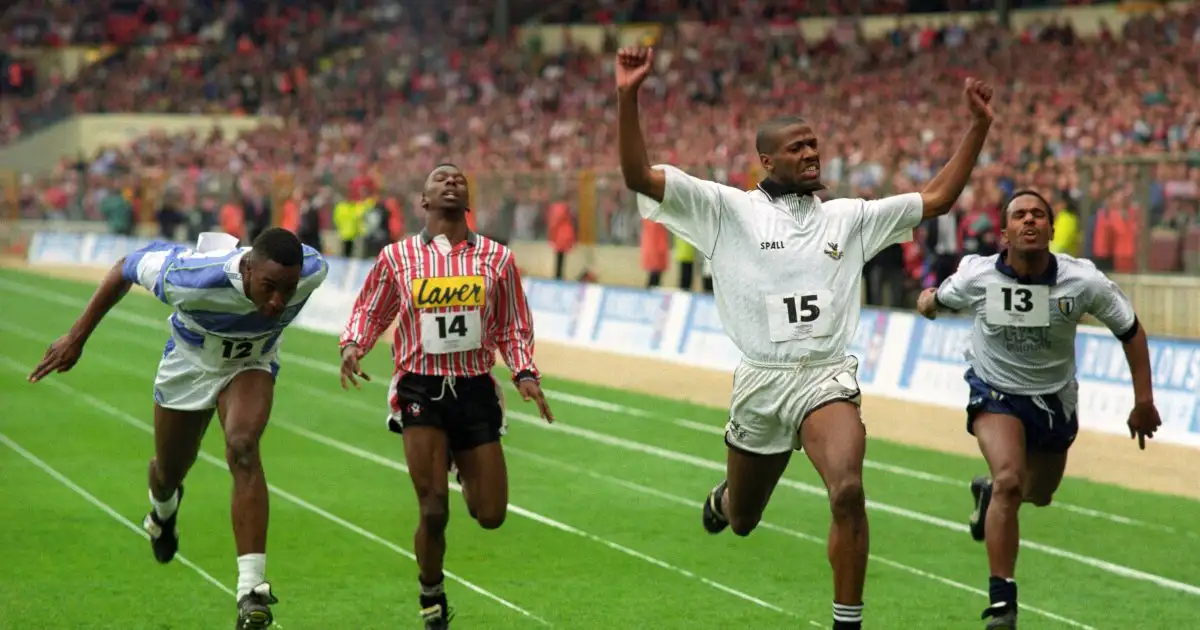 Swansea's John Williams wins a 100m race between footballers. Wembley Stadium, London. 1992.