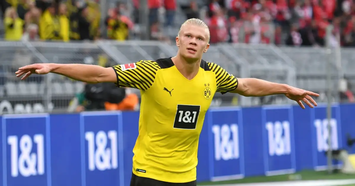 Borussia Dortmund striker Erling Haaland celebrates scoring against Union Berlin. September 2021.