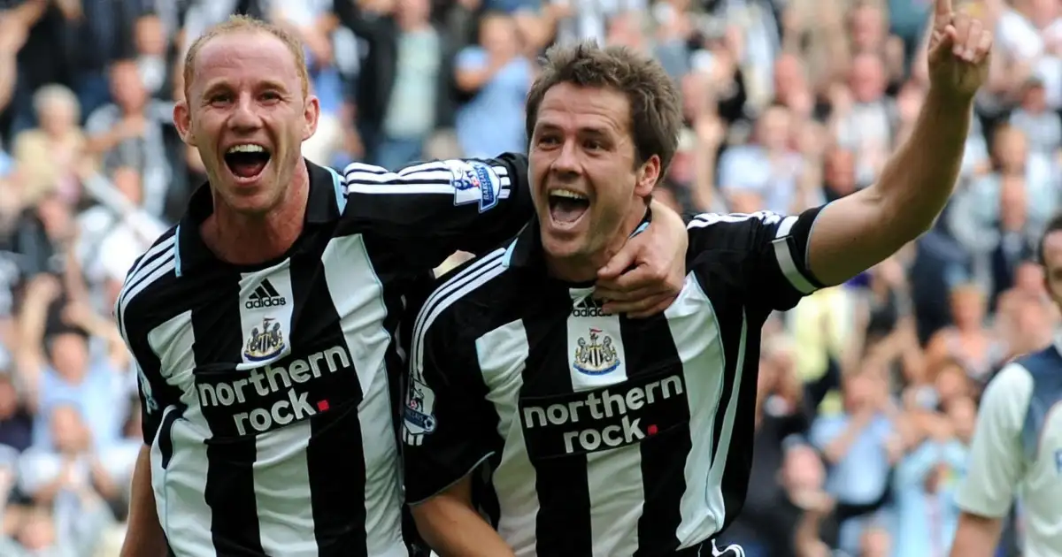 Michael Owen celebrates after scoring for Newcastle United.