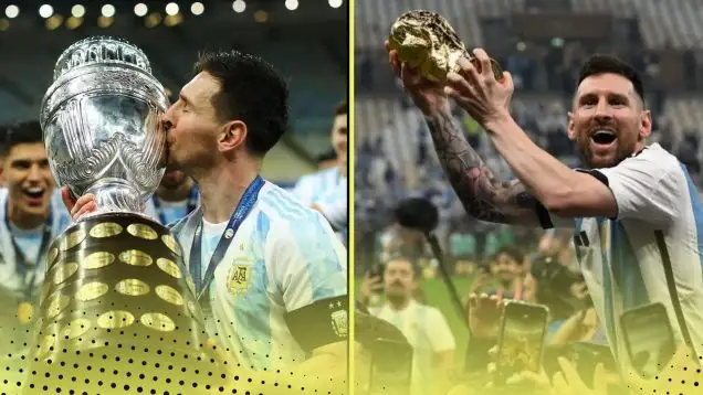 Left: Lionel Messi kissing the Copa America trophy in 2021. Right: Lionel Messi lifting the World Cup in Qatar 2022