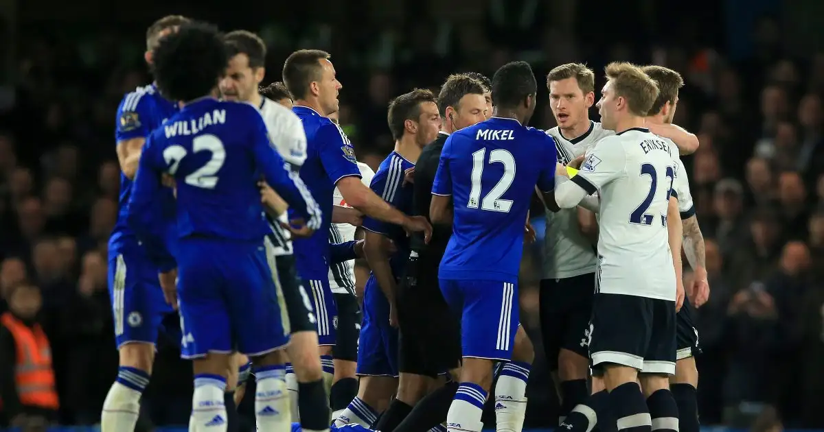 Tottenham and Chelsea players confront each other at Stamford Bridge. May 2016.