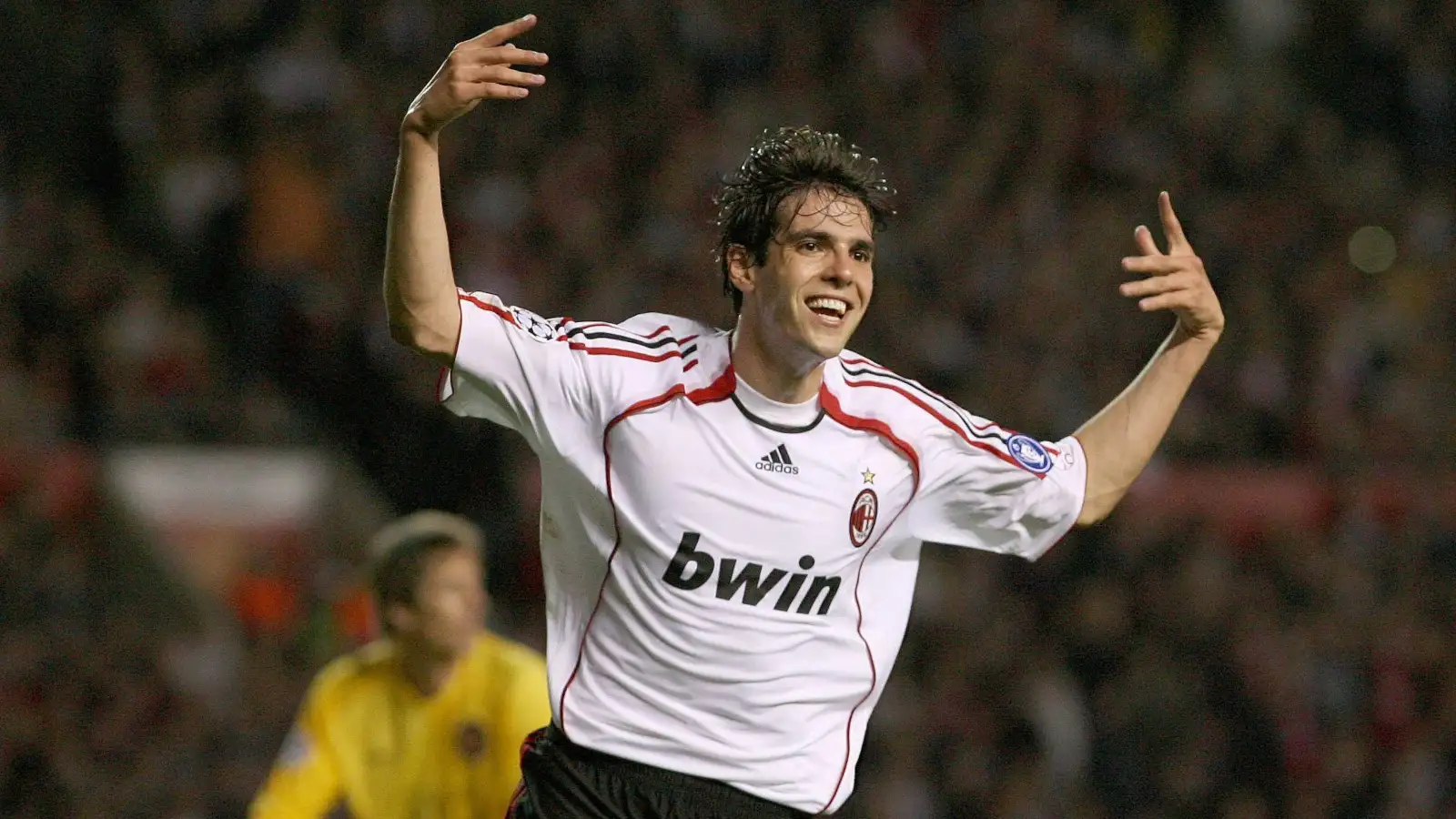 Kaka celebrates scoring during the UEFA Champions League match between Manchester United and AC Milan at Old Trafford, Manchester, April 2007.