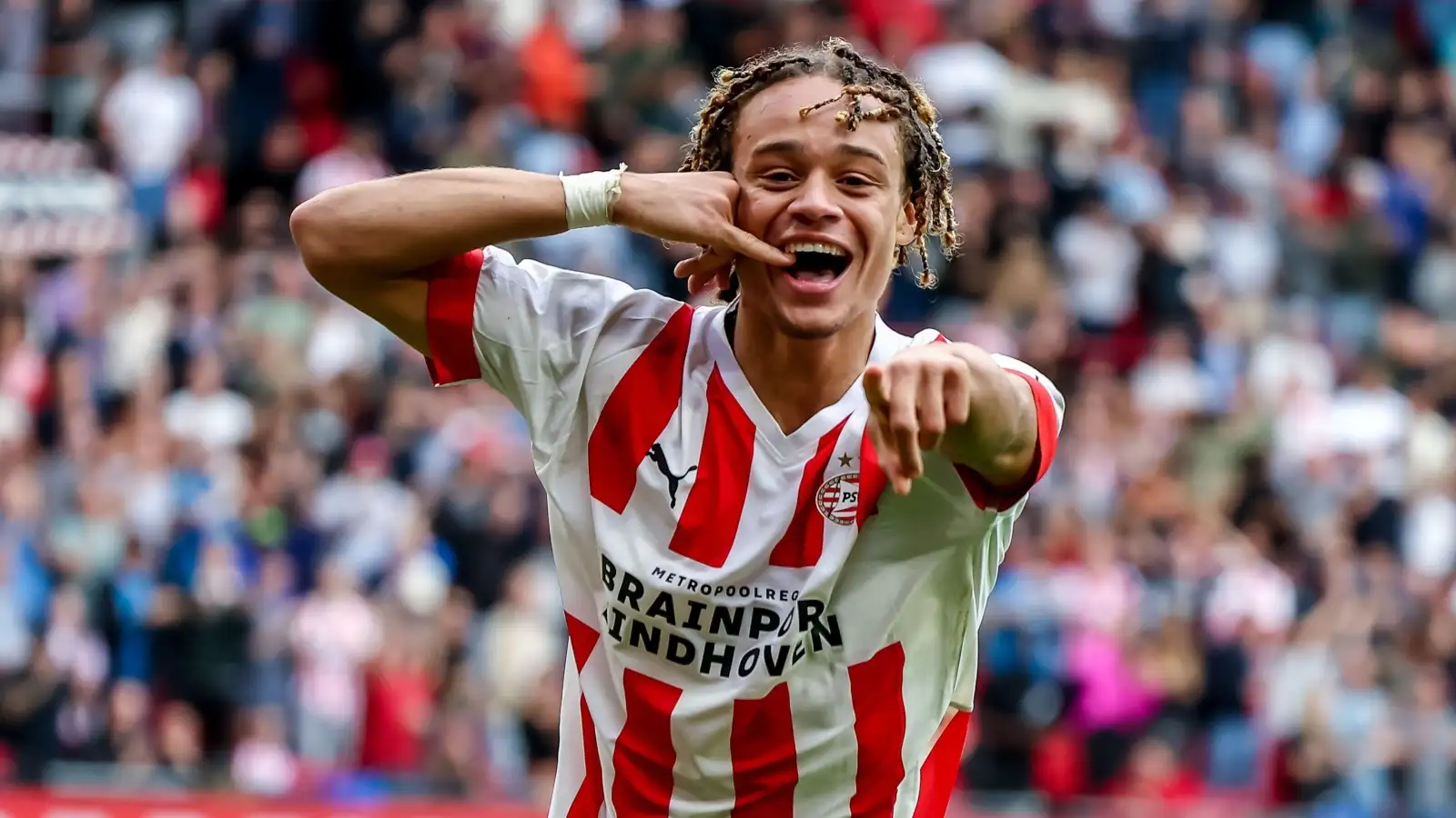 PSV Eindhoven's Xavi Simons celebrates scoring against Utrecht in their Eredivisie match at Philips Stadium, Eindhoven, October 2022.