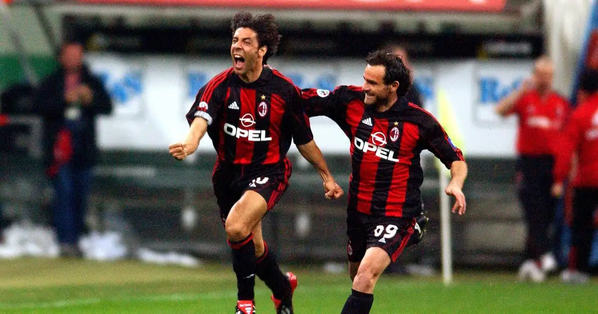 AC Milan's Manuel Rui Costa (l) celebrates scoring with teammate Marco Simone (r). San Siro, Milan, March 2002.