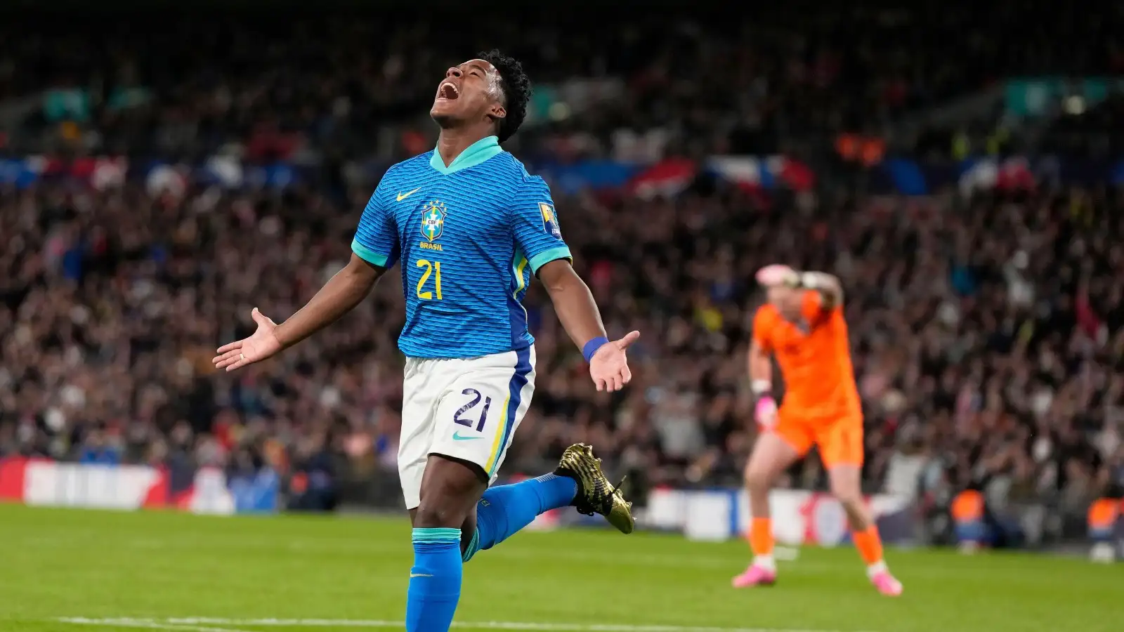 Endrick celebrates his first goal for Brazil.