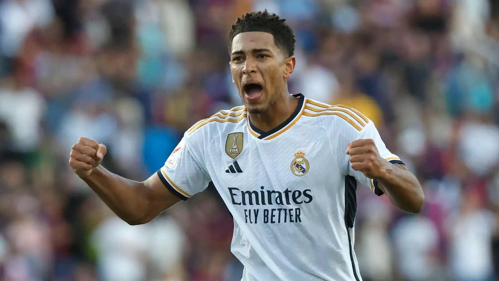 Real Madrid's Jude Bellingham celebrates after scoring his side's second goal during the La Liga soccer match between Barcelona and Real Madrid at the Olympic Stadium in Barcelona, Spain, Saturday, Oct. 28, 2023