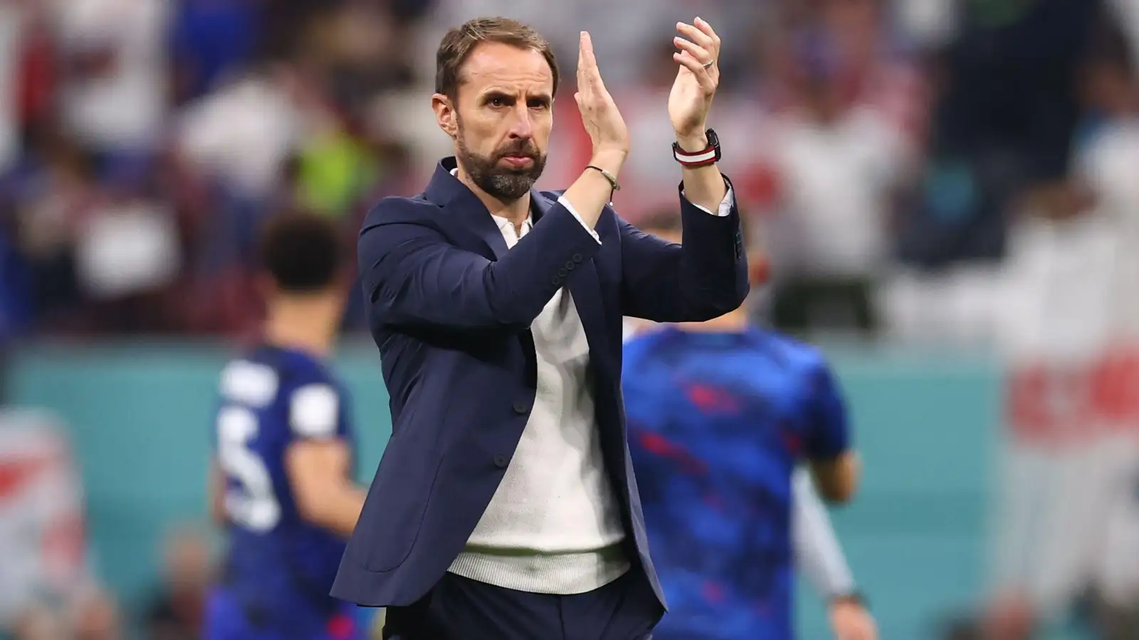 Al Khor, Qatar, 25th November 2022. Gareth Southgate manager of England applauds the fans during the FIFA World Cup 2022 match at Al Bayt Stadium, Al Khor.