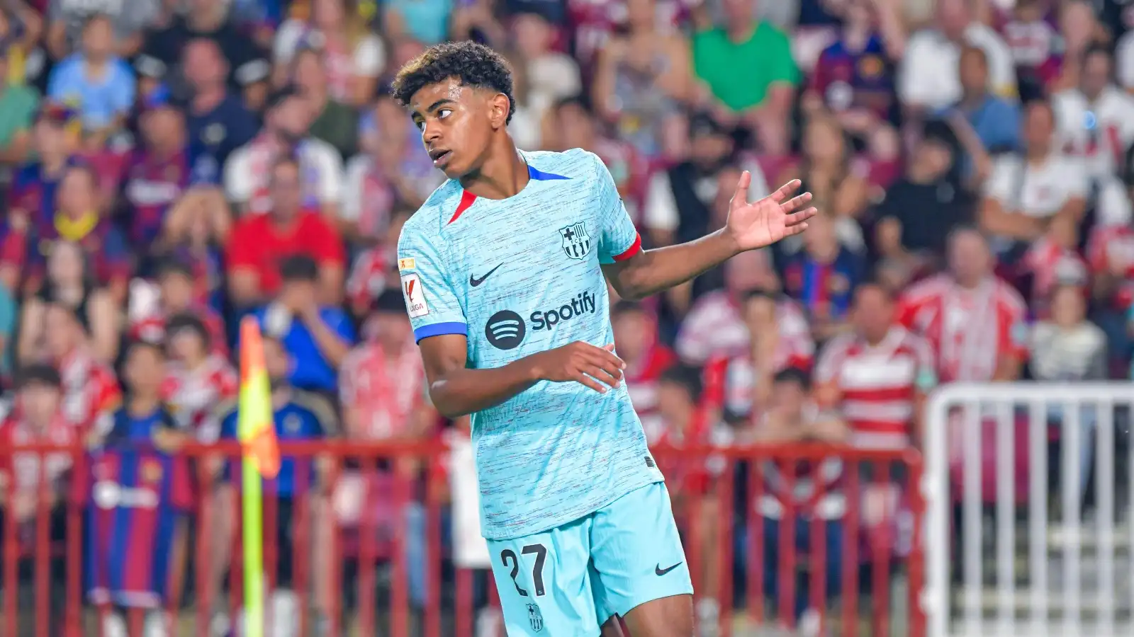 Lamine Yamal of FC Barcelona reacts after a fail during the match between Granada CF and FC Barcelona of La Liga EA Sports on October 8, 2023 at Estadio Nuevo Los Carmenes at Granada, Spain.