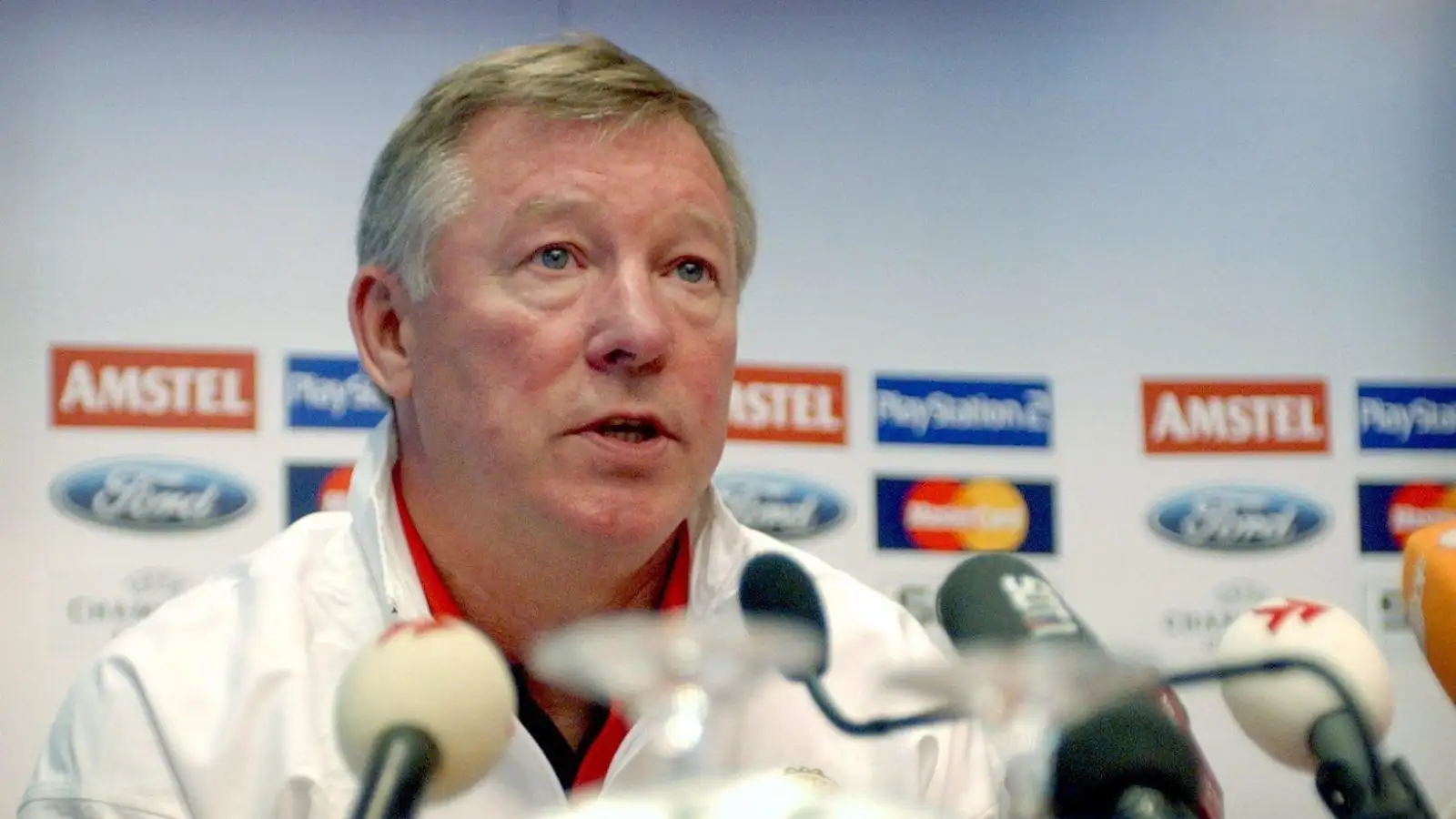 Manchester United's soccer coach Sir Alex Ferguson speaks during a press conference in Stuttgart, Germany, 30 September 2003. Ferguson commented on the forthcoming Champions League soccer game between the English soccer club Manchester United against VfB Stuttgart.