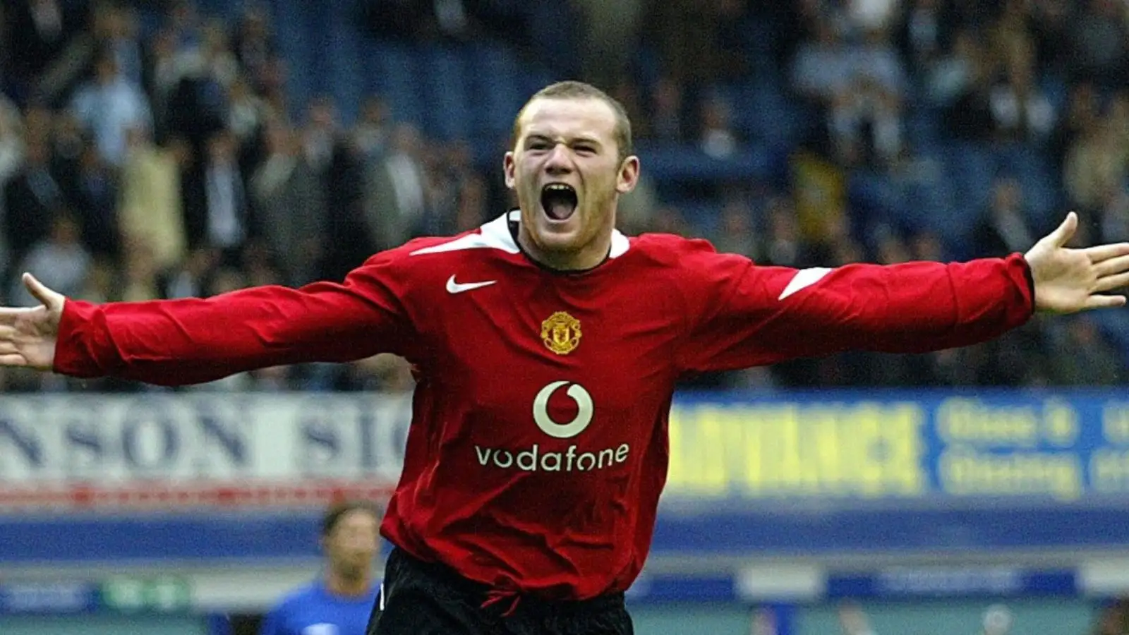 Wayne Rooney celebrates scoring during the Premier League match between Everton and Manchester United at Goodison Park, Liverpool, August 2005.