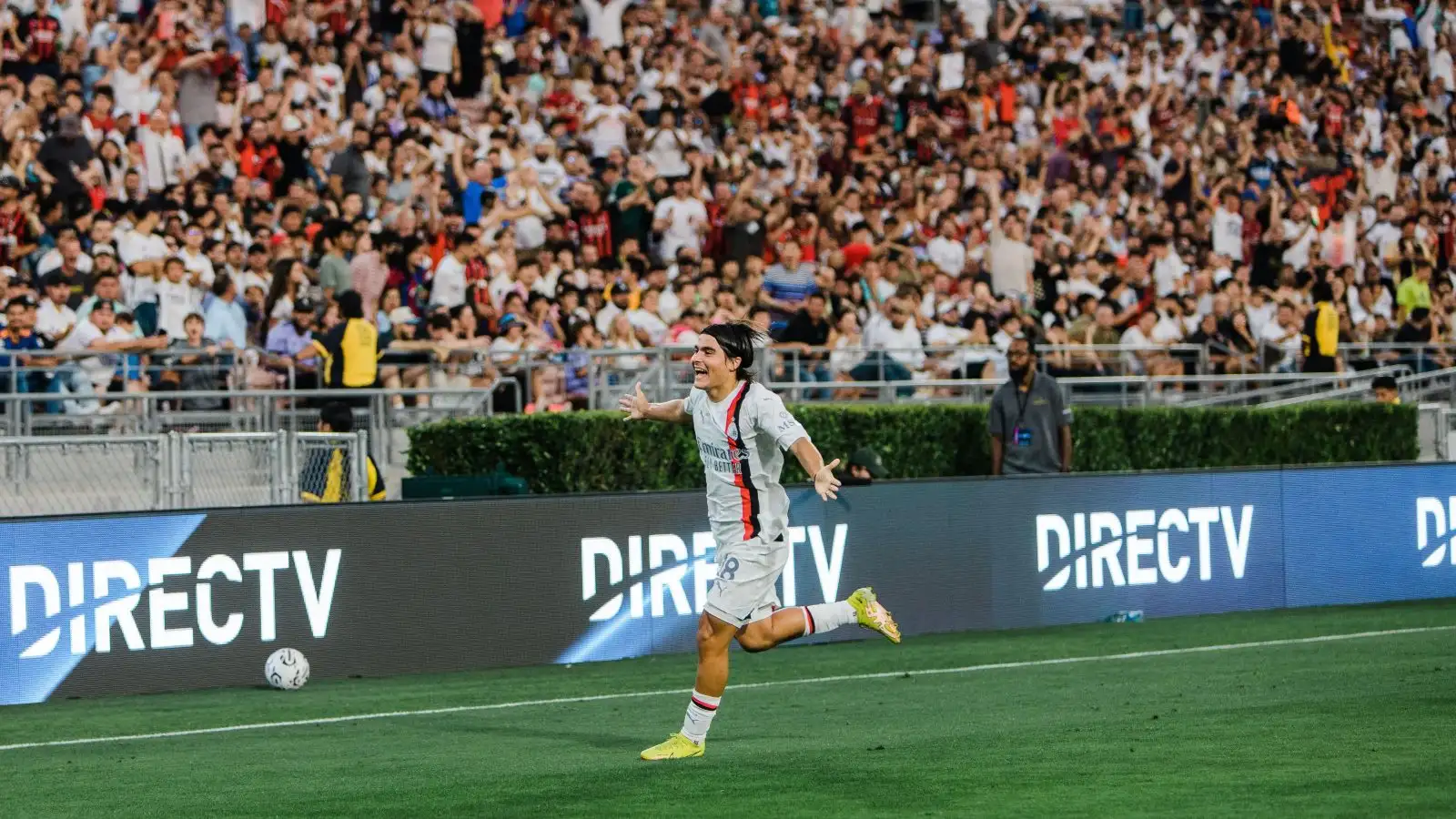 AC Milan's LUKA ROMERO celebrates after scoring a goal against La Liga's Real Madrid during a game at the Rose Bowl in Pasadena, California