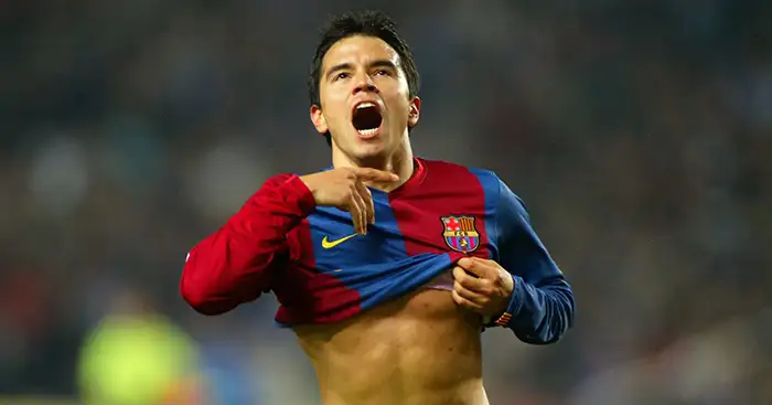 BARCELONA, SPAIN - JANUARY 13: Javier Saviola #22 of Barcelona celebrates his goal during the match between RCD Espanyol and FC Barcelona, of La Liga at the Lluis Companys stadium January 13, 2007 in Barcelona, Spain. (Photo by Bagu Blanco/Getty Images)